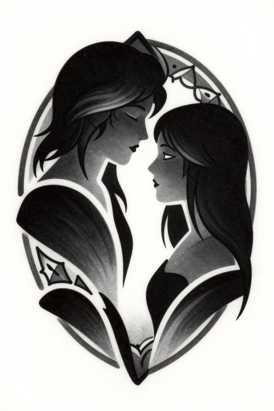 mother daughter tattoos blackwork geometric facing profile silhouette flash, shared negative space, circular mandala frame, bold 3pt outlines, flat solid black fills, no grey wash