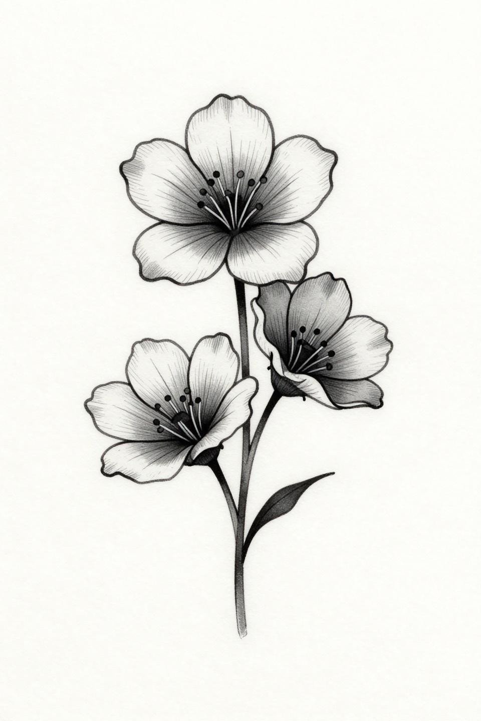 mother daughter tattoos botanical scientific fine line flash, two birth flower silhouettes vertical stack, hairline single needle 0.5mm strokes, open negative space, grey wash midtones