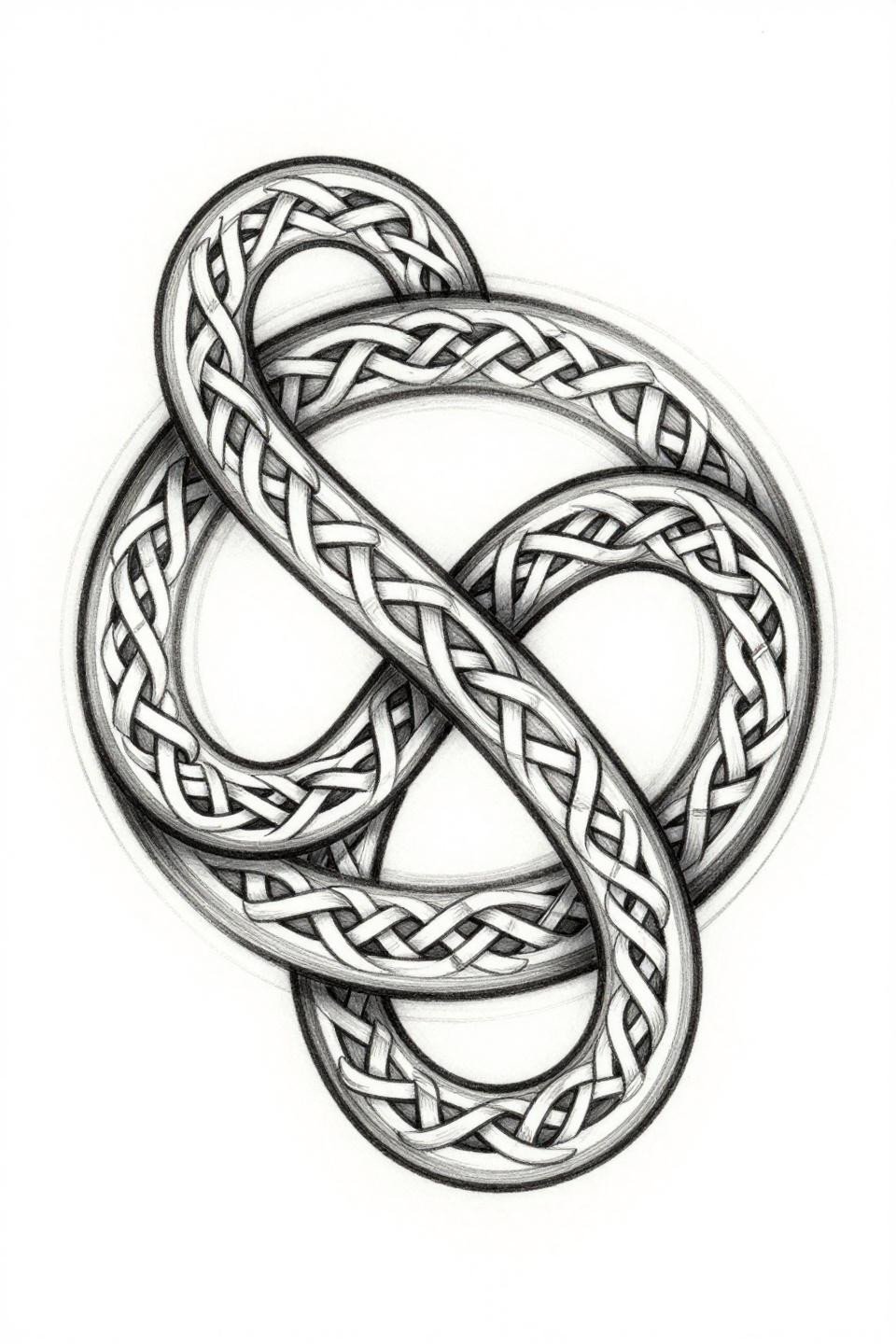 mother daughter tattoos Celtic knotwork infinity flash, outer triple-line weave and inner single-needle continuous spiral, circular mandala frame, compass-drafted vector geometry