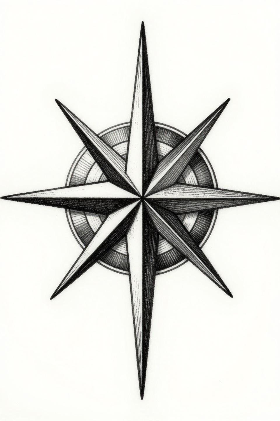 mother daughter tattoos etching woodcut compass rose flash, eight-point and four-point roses sharing one north needle, bilateral vertical symmetry, bold crosshatch parallel line shading