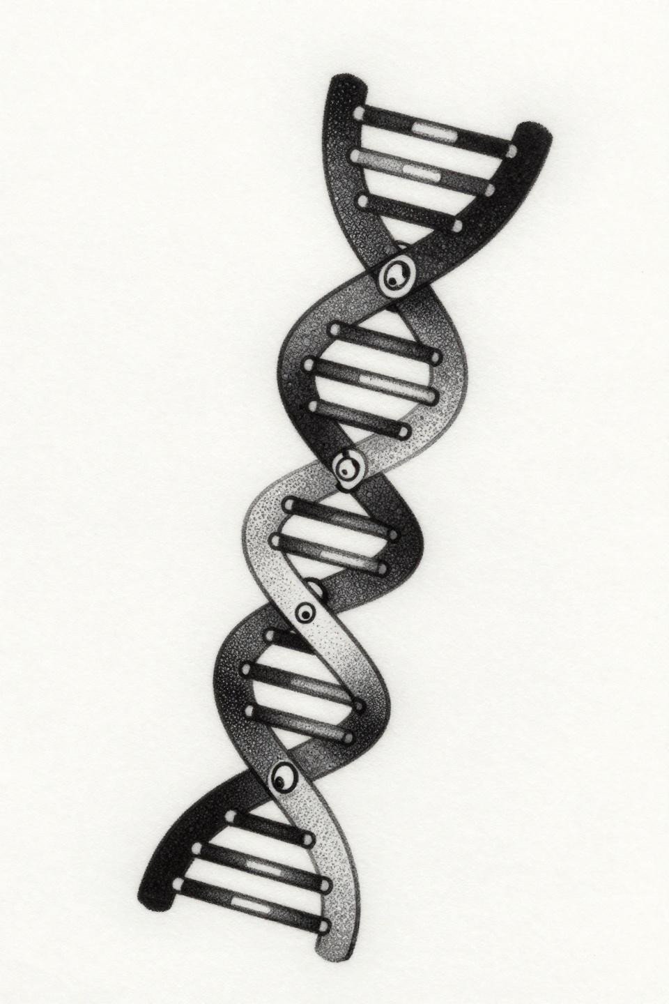 mother daughter tattoos DNA double helix dotwork flash, stipple gradient dense at core open at edges, larger strand with base pair rungs, asymmetric diagonal orientation