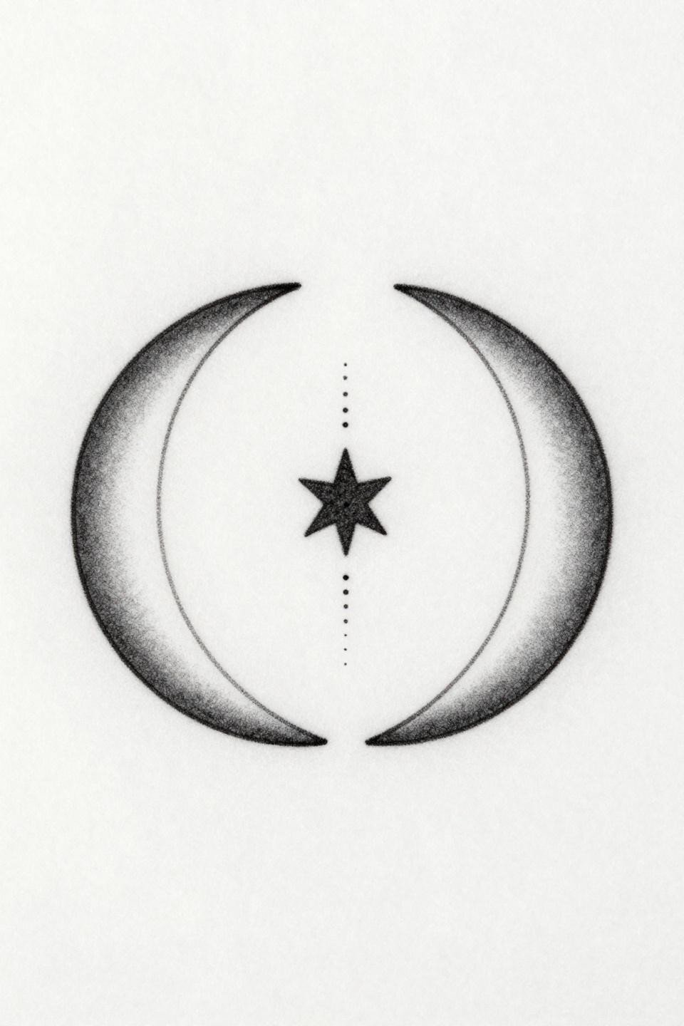 mother daughter tattoos fine line minimal crescent moon pair flash, tips nearly touching, shared five-point star center, stipple dot trail, hairline 0.5mm single needle strokes, mirrored symmetry