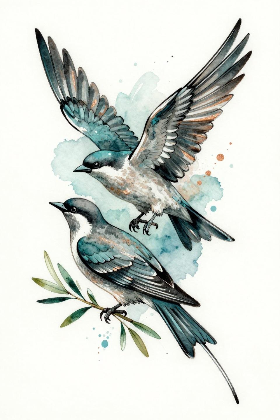 mother daughter tattoos watercolor interlocking birds flash, teal washes and copper metallic accents, calligraphic brushwork, olive branch through both forms, asymmetric diagonal