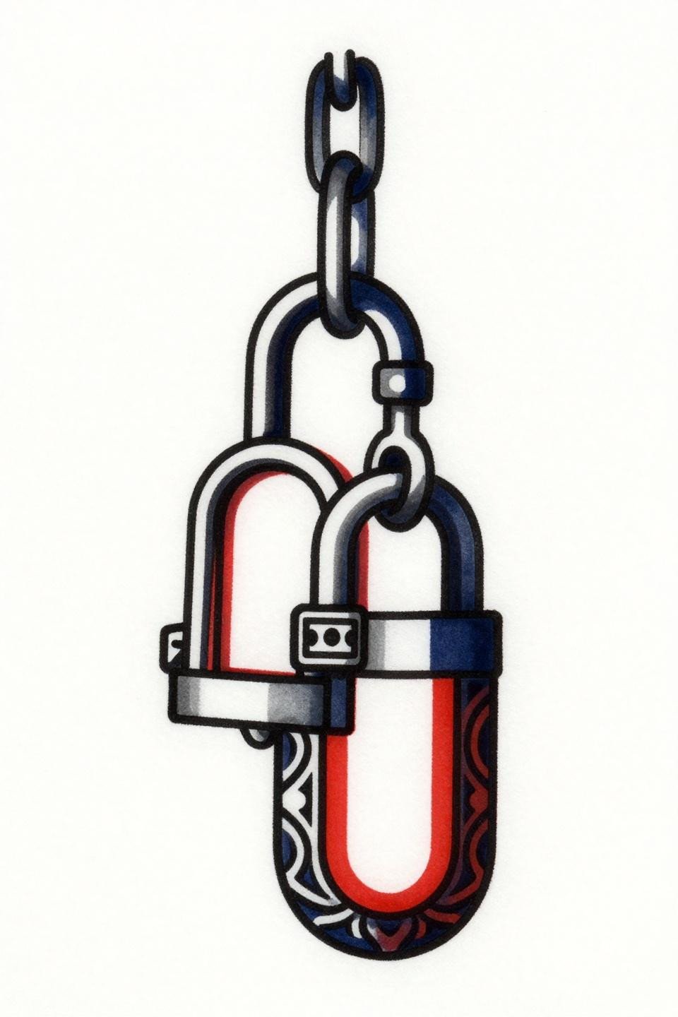 mother daughter tattoos geometric locket flash, tribal filigree borders, bold 2-3pt outlines, deep indigo and crimson flat fills, vertical stacked composition