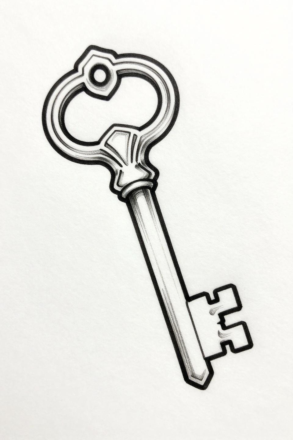 mother daughter tattoos single continuous line matching keys flash, larger skeletal key and smaller outline key, interlocking bows without touching, uniform 1pt weight, vector-precision linework