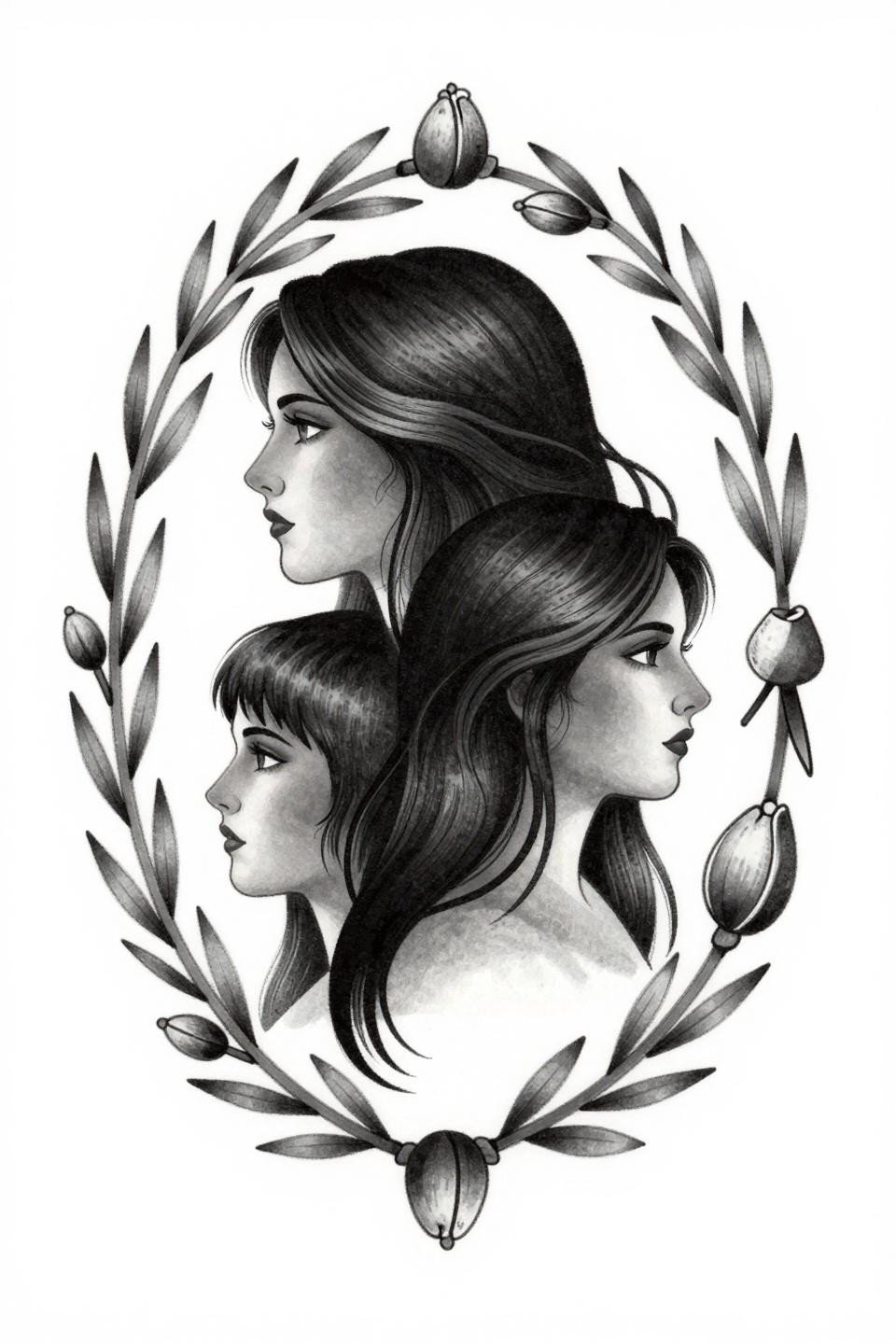 mother daughter tattoos neo-traditional profile silhouette flash, larger and smaller figures in botanical oval frame, grey wash whip shading, bold black outlines with diluted wash midtones