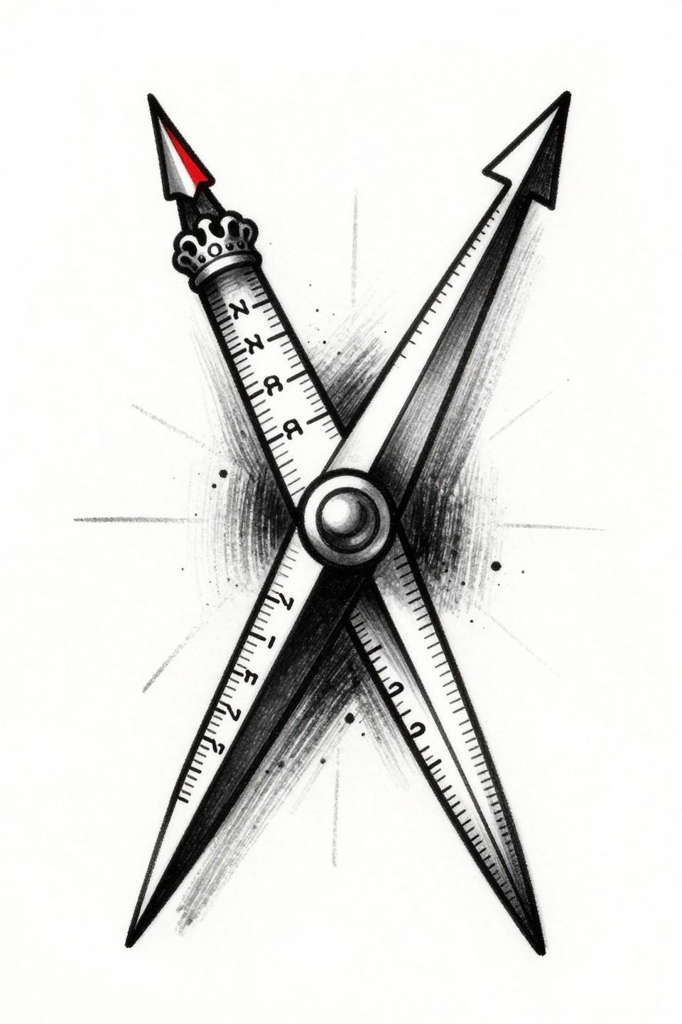 mother daughter tattoos trash polka compass flash, interlocked needles on shared bearing, gestural ink splatter, crimson red and solid black, no other color