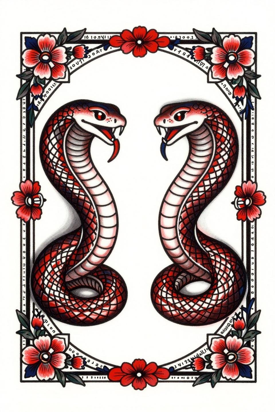 latest bridal mehandi designs flash, neo-traditional cobra serpents bilateral symmetry, diamond lattice, micro carnation vine chains, deep indigo crimson fills, bold 2-3pt black outlines