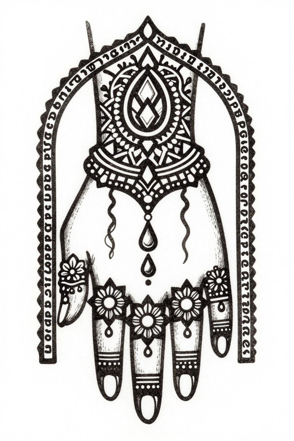 new mehndi designs full hand flash, etching woodcut style, teardrop bindi concentric geometric diamonds, parallel rail patterns, gajra flower clusters, woodcut bold lines, dense black ink zero grey