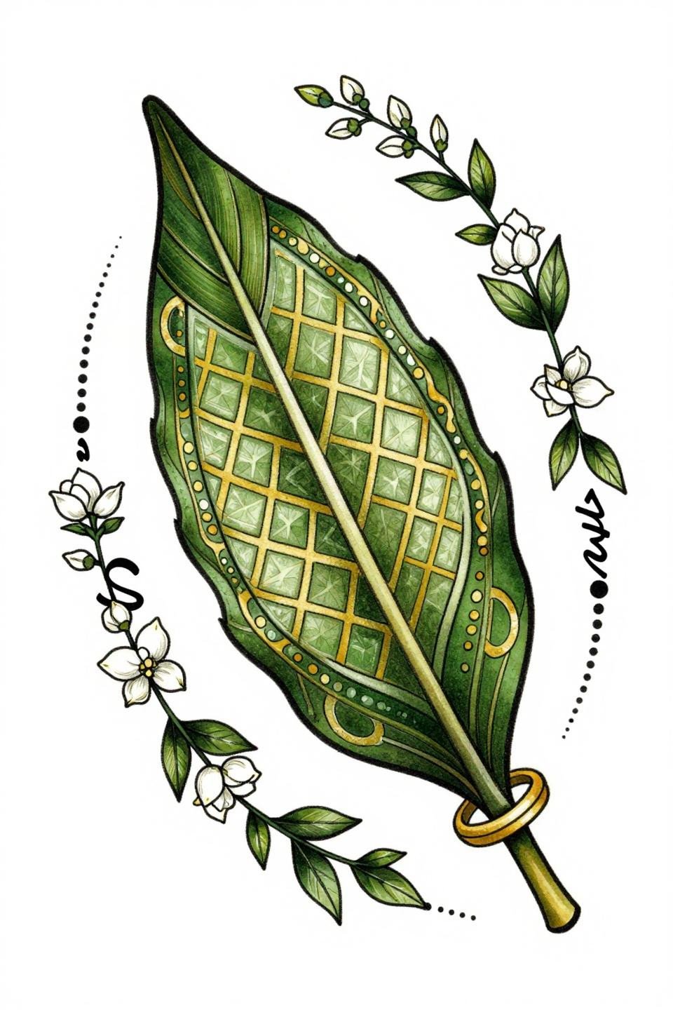 full hand Indian mehndi flash, botanical style, dual mango leaf medallions, geometric star lattice, jasmine vine chains, bold 2-3pt outlines, forest green gold fills