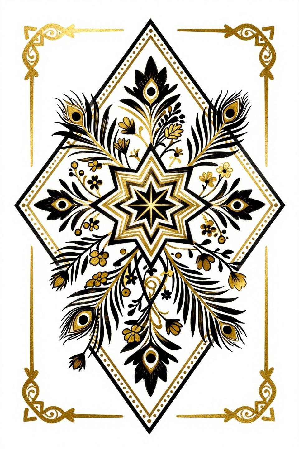 latest bridal mehndi designs unique flash, art deco diamond frame, geometric star lattice, peacock feather filaments, micro carnation vine chains, flat gold metallic solid black fills, compass-drafted geometry