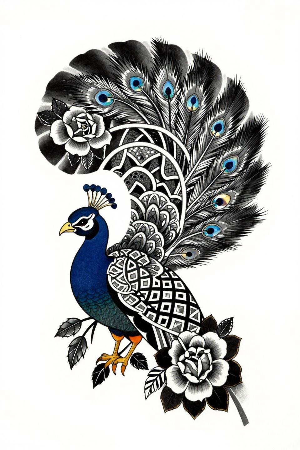 engagement mehndi designs flash, Japanese irezumi style Rajah peacock, asymmetric feather tail, rose vine tendrils, geometric chevron band rows, bold 2-3pt outlines, negative space carving, grey wash midtones