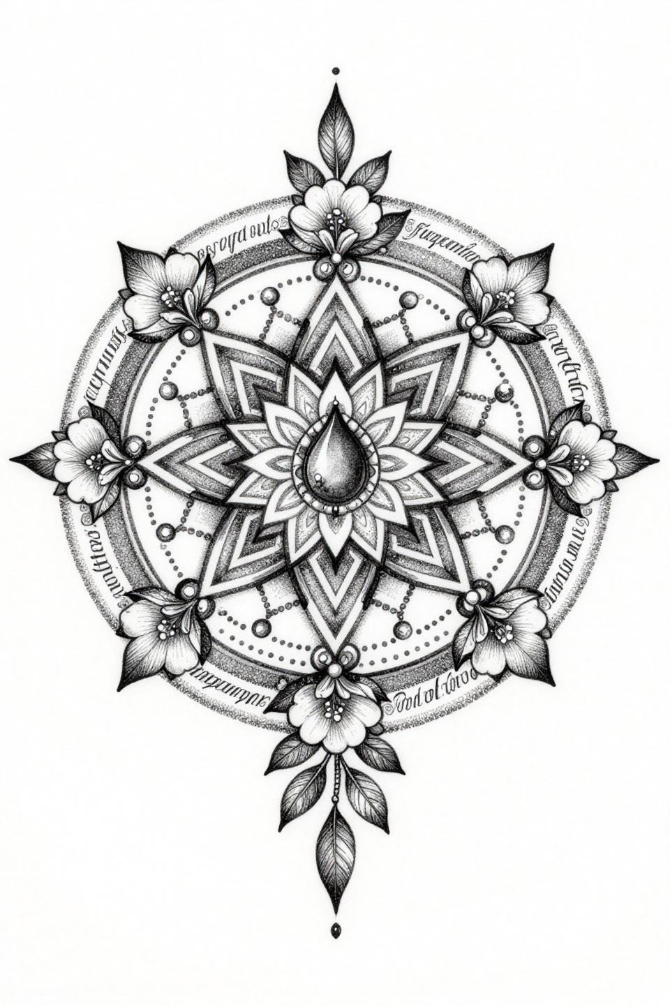 new mehndi designs full hand flash, micro realism stipple dotwork mandala, central teardrop bindi, geometric sunburst lattice, anklet ring motifs, dense stipple gradient open at edges