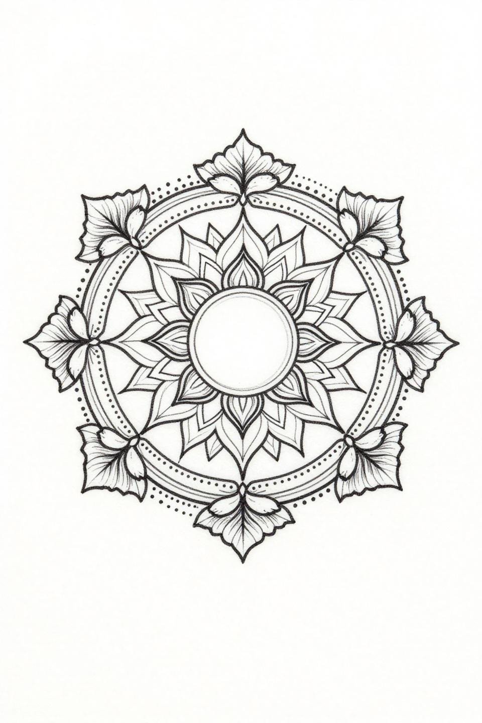 Indian bridal mehndi designs flash, fine line minimal style lotus mandala, geometric sunburst floral vine lattice, mango leaf corners, hairline 0.5mm continuous linework, open negative space, no grey wash