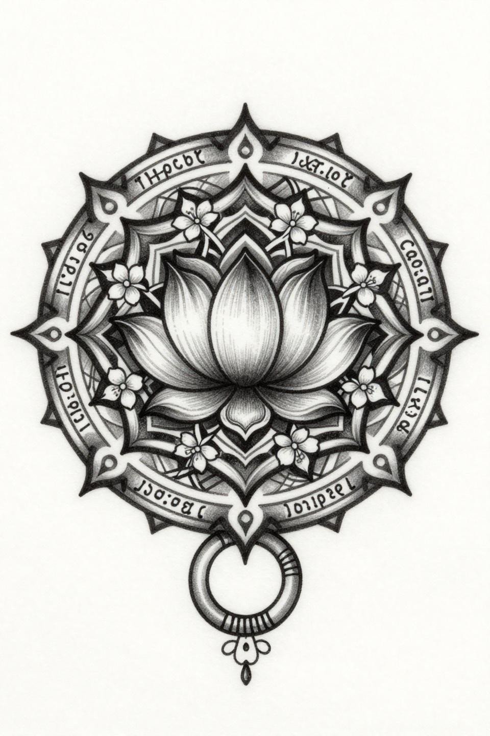 engagement mehndi unique flash, chicano grey wash style lotus mandala, concentric circles geometric star points, vine lattice jasmine flowers, whip shading curved strokes, 0.5pt outlines dense to open midtones