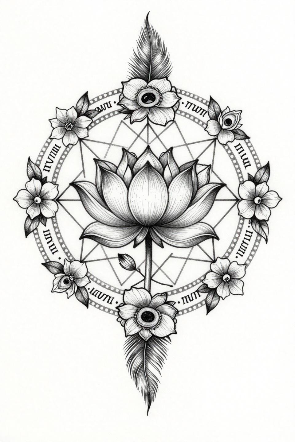 engagement mehndi unique flash, single needle continuous line mandala, lotus bud geometric star lattice, peacock eye motifs, 0.5mm unbroken linework, no fills, grey wash midtones