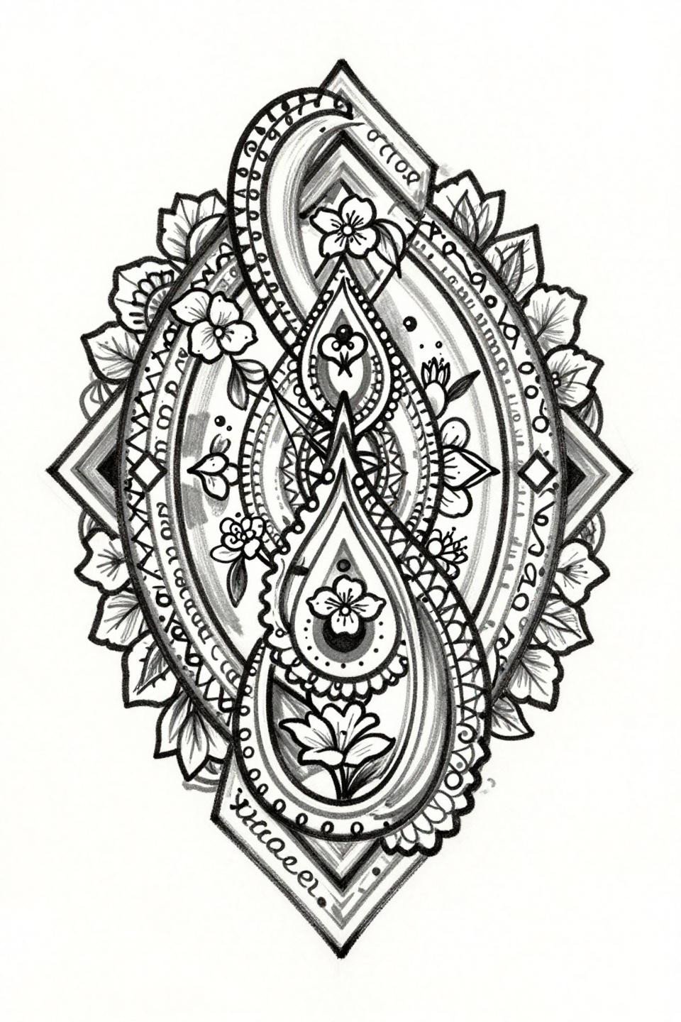 trending bridal mehndi designs flash, sketch raw style paisley teardrop, concentric geometric diamond frames, jasmine vine lattice, variable-weight outlines, flat ink fills, grey wash midtones