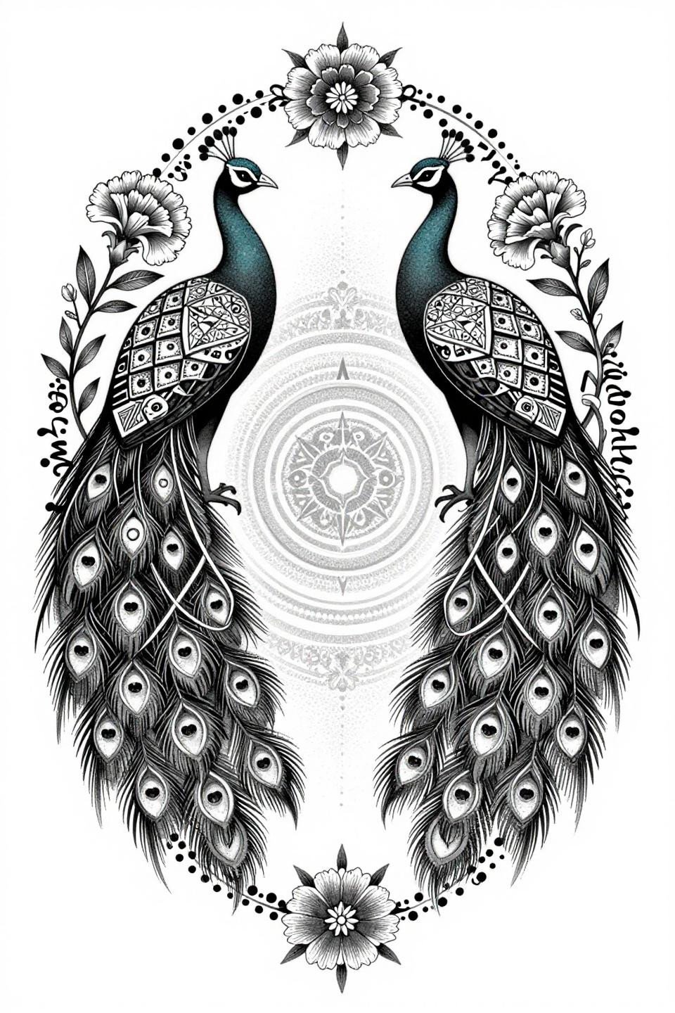 trending bridal mehndi dotwork flash, bilateral peacock silhouettes, diamond lattice, stipple dot gradient dense center radiating outward, grey wash midtones, no solid fill