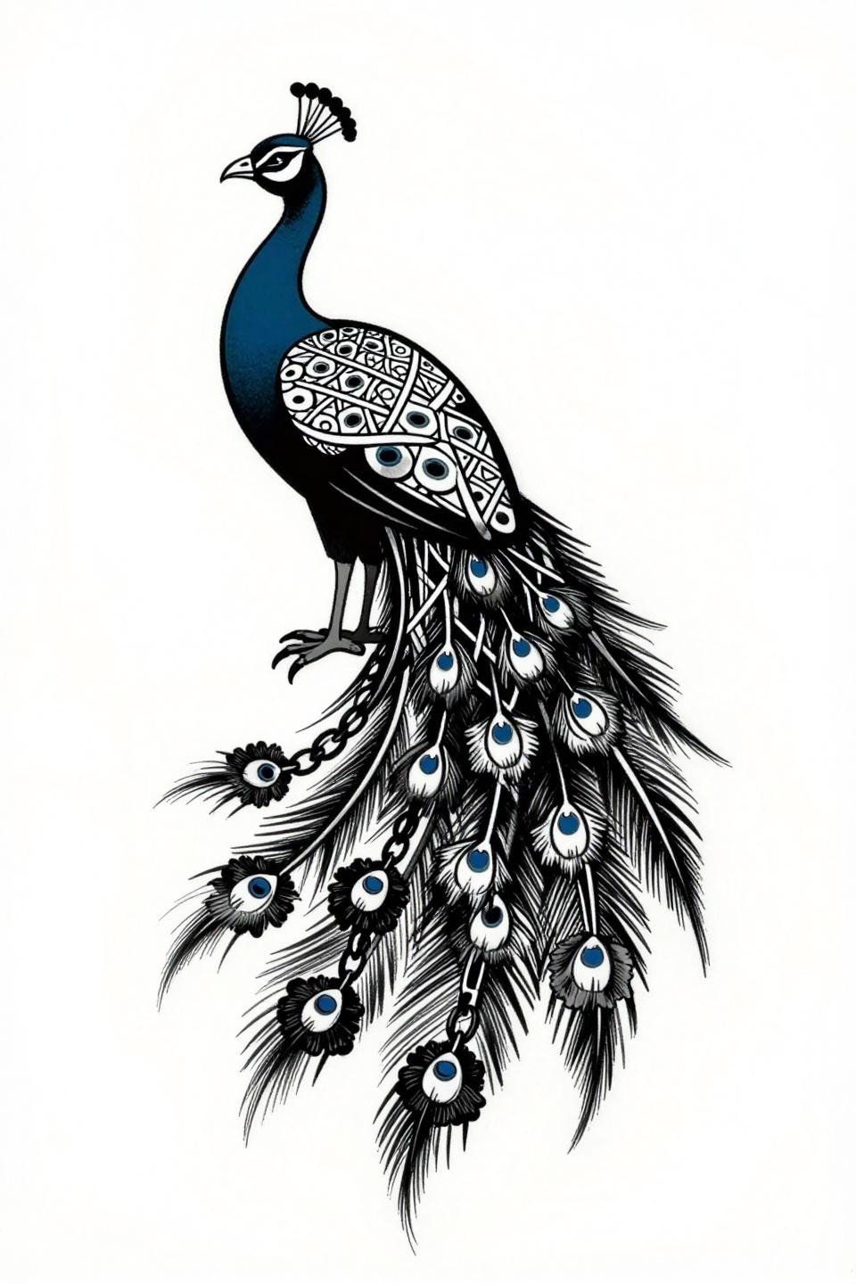 Indian bridal mehndi designs flash, ignorant style peacock asymmetric, crude geometric lattice, thick uneven 4pt black outlines, flat black fills, zero refinement zero grey wash
