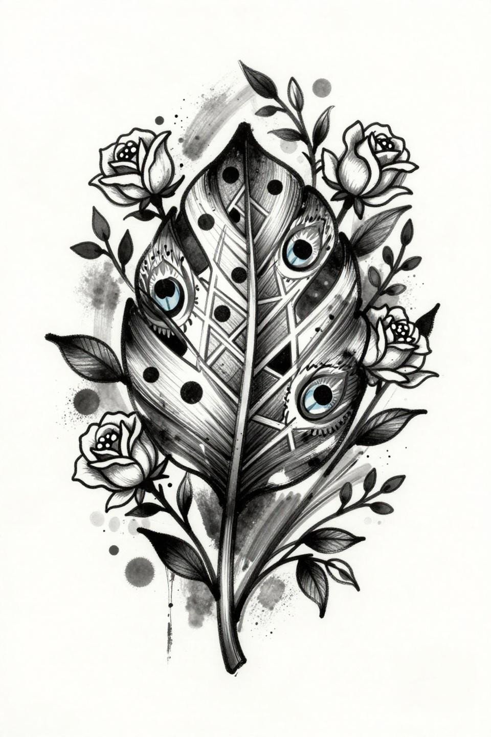 engagement mehndi designs flash, trash polka style mango leaf medallion, peacock eye cardinal motifs, rose vine tendrils, ink splatter zones, bold 3pt broken outlines, brushstroke chaos