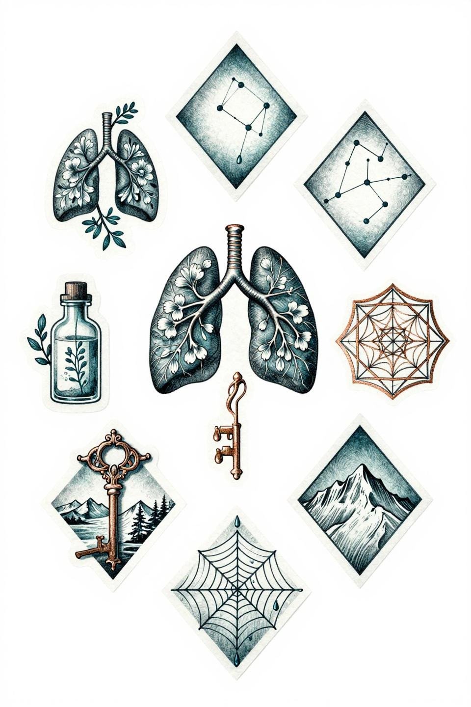 patchwork tattoo ideas art nouveau flash, eight panels diamond formation, whip shading curved strokes, deep teal copper metallic accents, botanical anatomical sacred geometry motifs