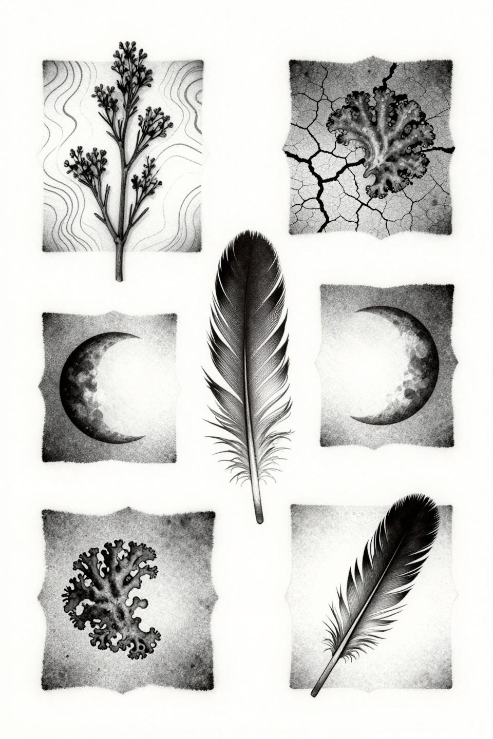 patchwork tattoo ideas blackwork dotwork flash, six fabric-textured panels, stipple dot gradients dense to open, no solid fills, botanical feather moon phase lichen motifs
