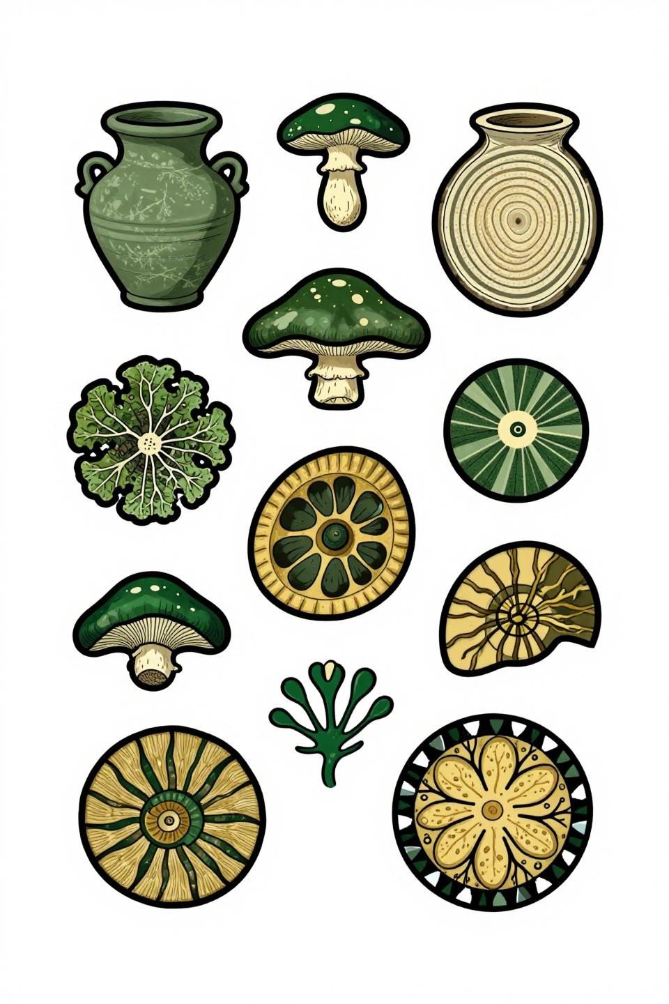 patchwork tattoo ideas botanical scientific flash, ten micro-motif panels, forest green gold flat fills, bold black outlines, mushroom ammonite mycelium seed pod motifs
