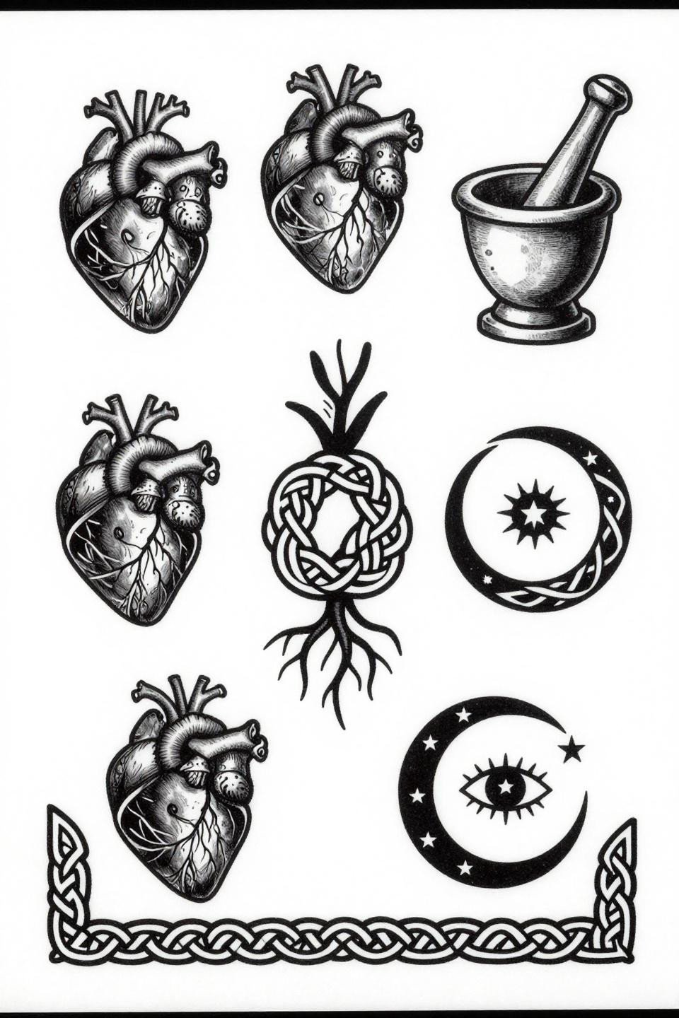 patchwork tattoo ideas Celtic knotwork flash, seven scattered panels, interlocking Celtic border trim, bold 2-3pt black outline, anatomical heart mushroom tarot motifs