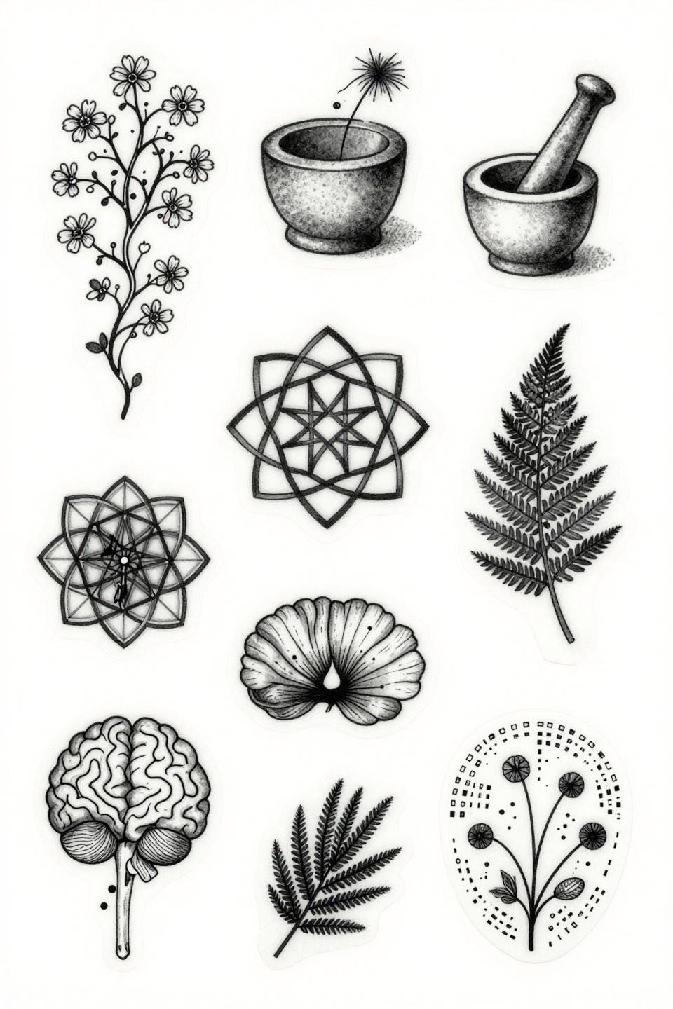 patchwork tattoo ideas fine line minimal flash, ten panels, hairline 0.5mm single needle strokes, open negative space, botanical neural anatomical constellation motifs