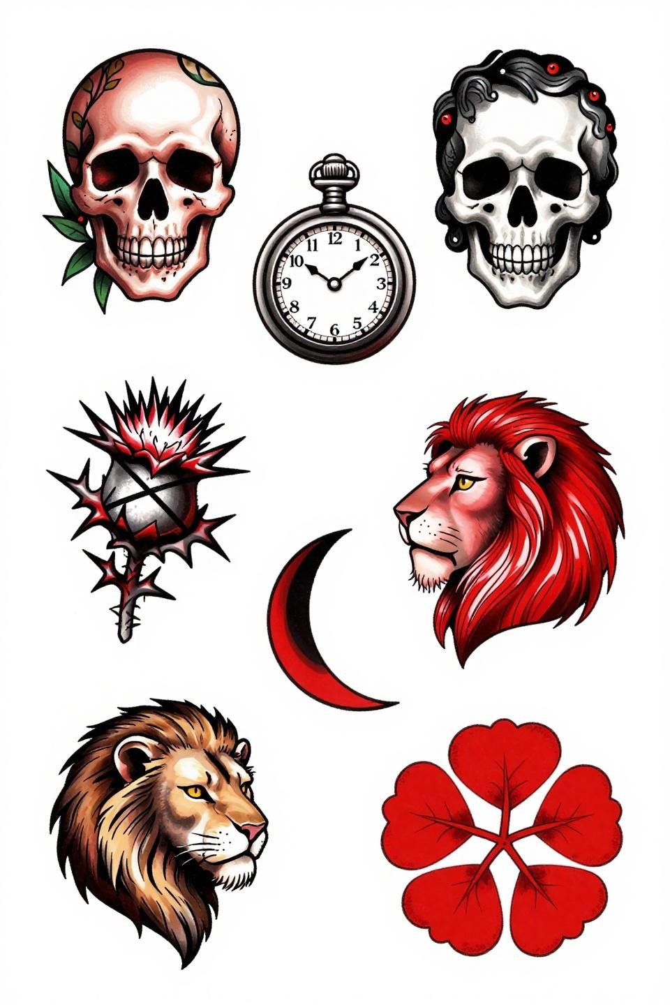 patchwork tattoo ideas old school sailor flash sheet, eight motif panels, bold 3pt black outline, flat crimson red fills, skull botanical pocket watch thistle