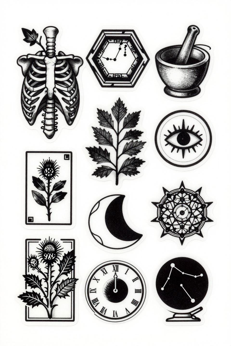 patchwork tattoo ideas dark tribal geometric flash, twelve panels, bold 2-3pt black outlines, flat black fills, white negative space, zero grey wash, maximum contrast