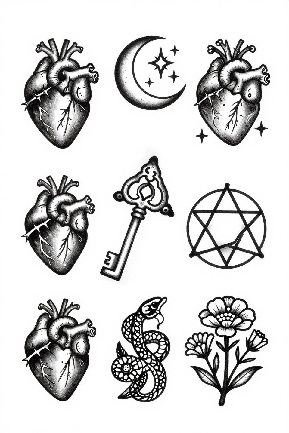 patchwork tattoo ideas neo-traditional flash, seven vertical panels, bold 2-3pt black outlines, flat fills, heart ouroboros botanical bird skeleton key motifs