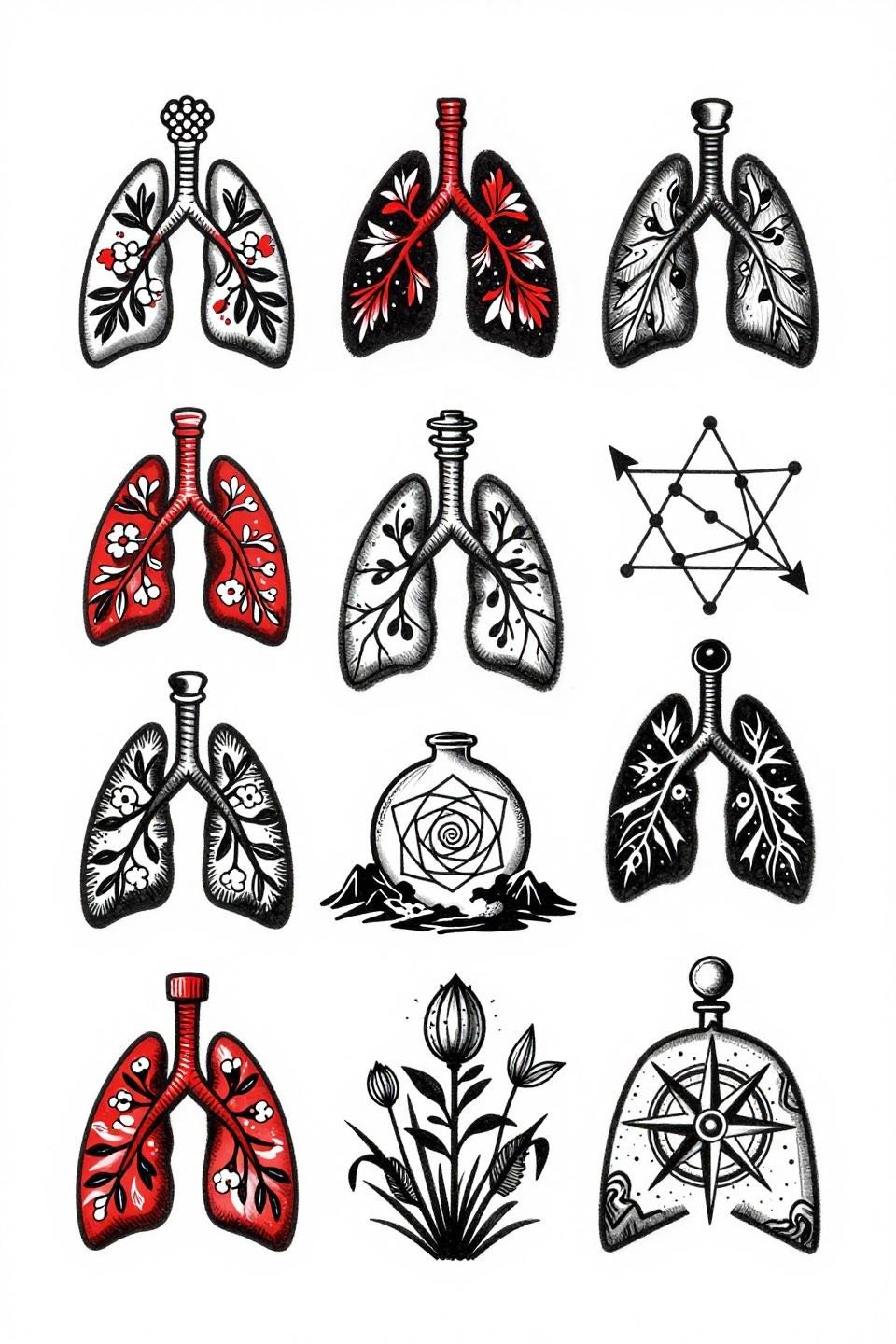 patchwork tattoo ideas trash polka flash, nine panels, bold 2-3pt black outlines, crimson red accent fills, anatomical botanical occult compass motifs, asymmetric collision layout