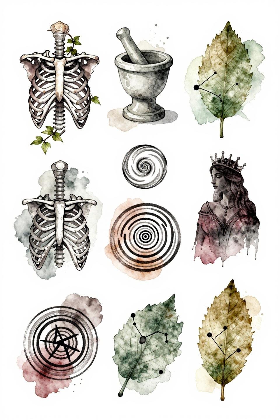 patchwork tattoo ideas watercolor flash, eight panels, sage ochre dusty rose grey washes, calligraphic brush ink linework, botanical anatomical occult motifs
