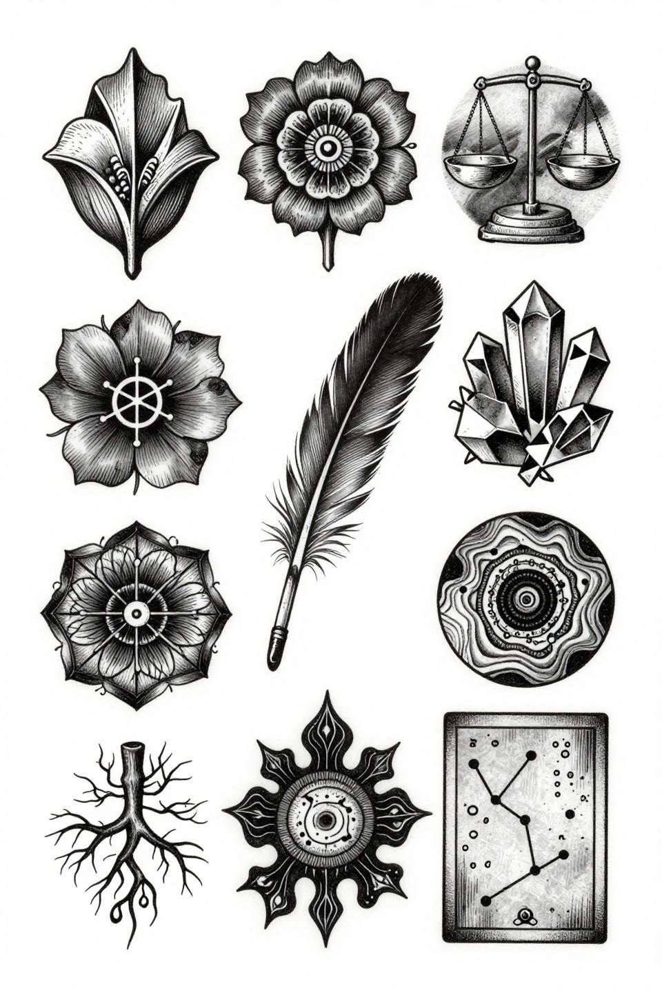 patchwork tattoo ideas woodcut etching flash, ten panels, parallel line engraving, thick block print strokes, crosshatch interior texture, botanical anatomical occult motifs