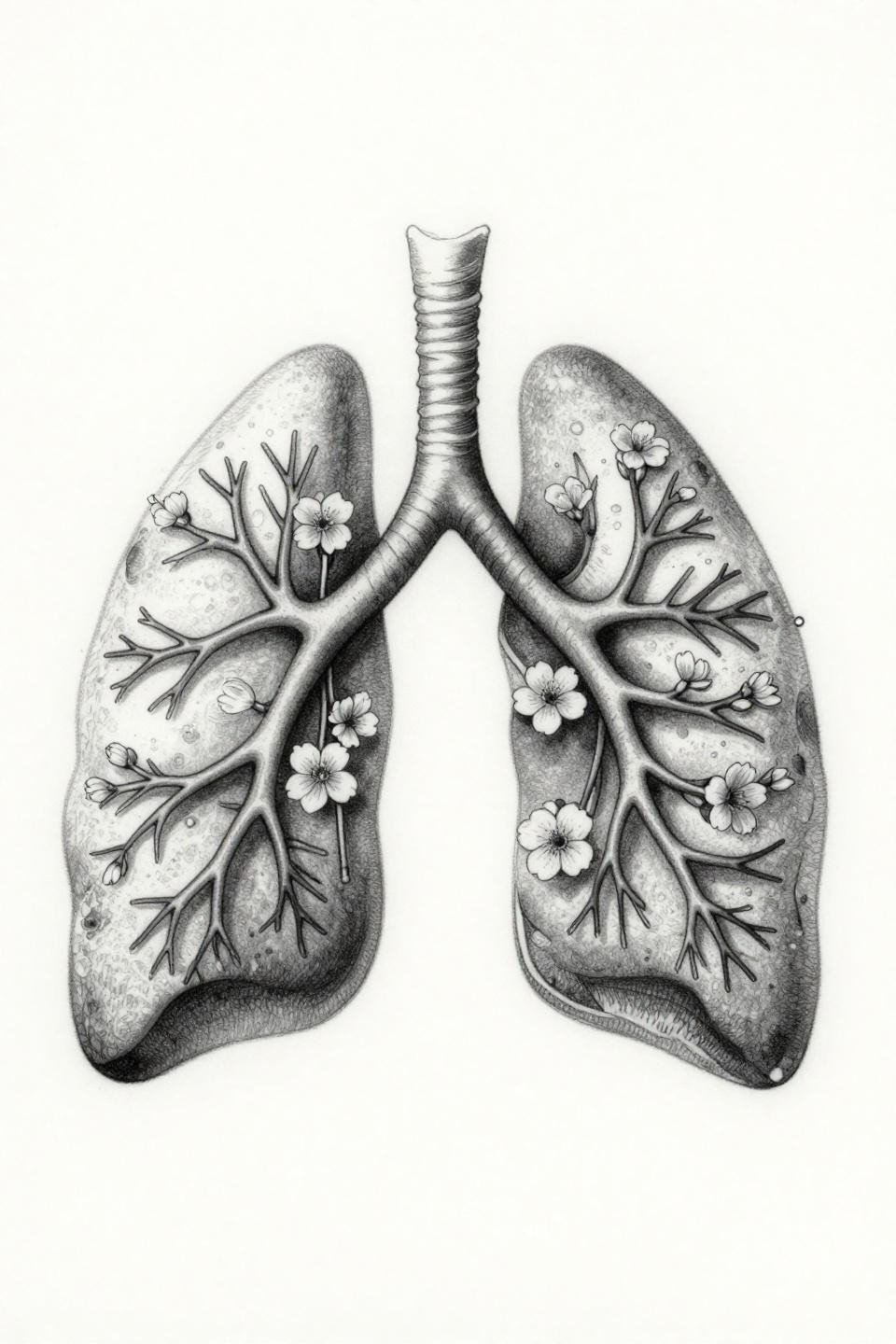 rib tattoos for women botanical lungs fine line flash, grey wash dilution midtones, anatomical bronchial branching with flowering vine detail, single needle