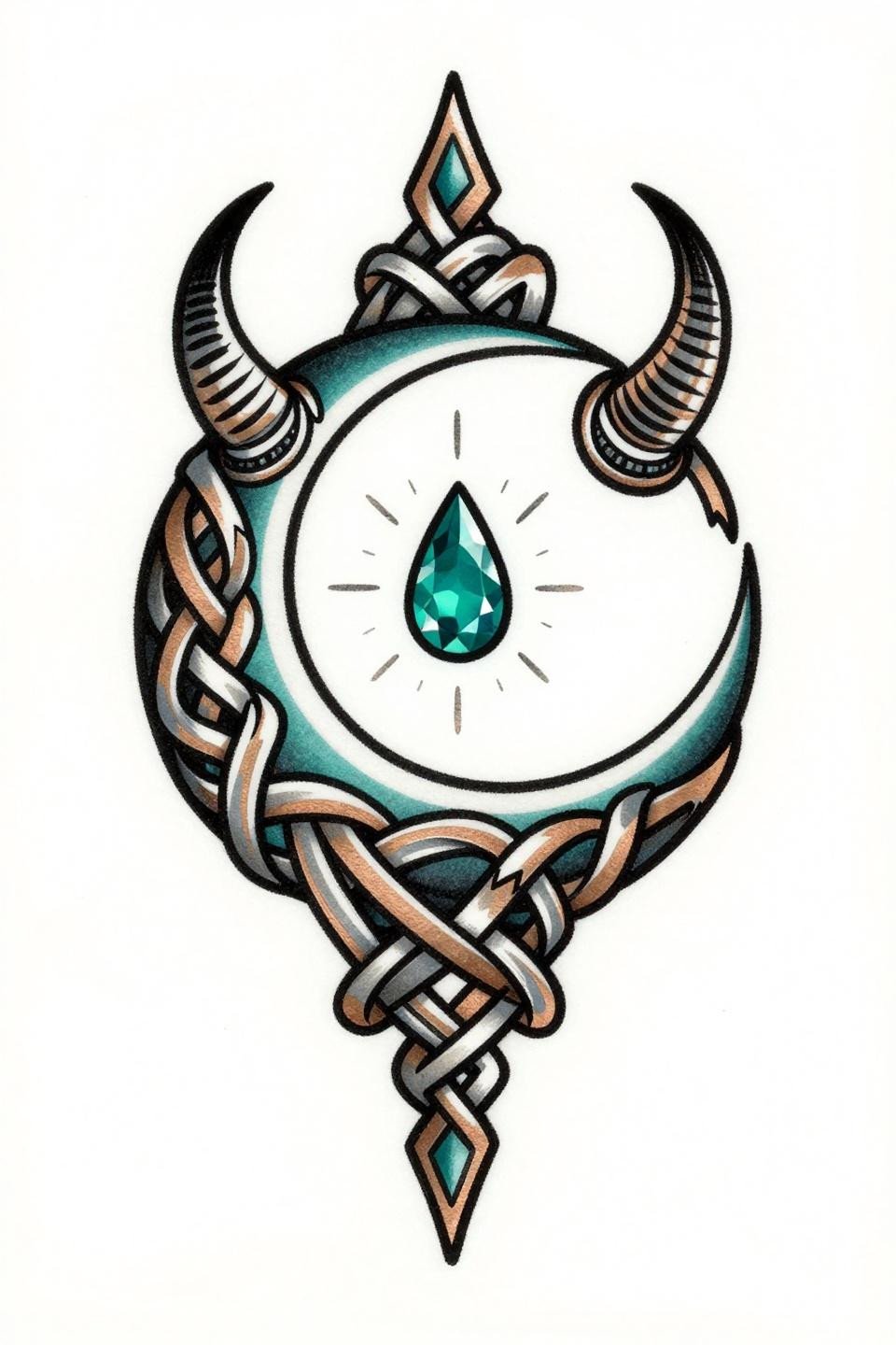 rib tattoos for women celtic knotwork crescent moon flash, bold 2-3pt black outlines, flat deep teal copper metallic fills, interlaced knotwork scrollwork vertical composition