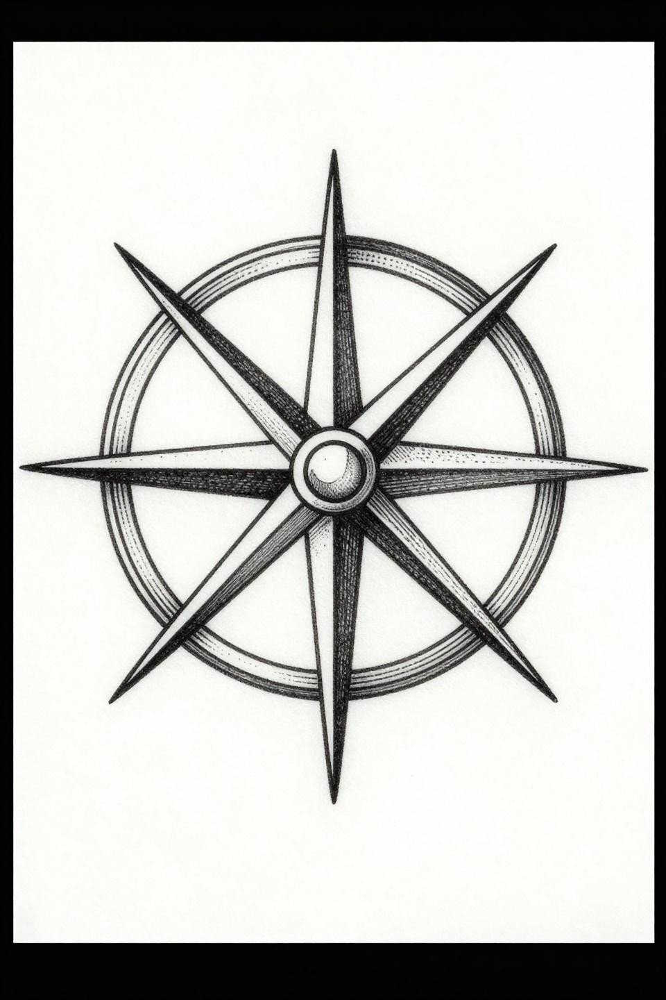 small rib tattoos compass rose etching flash, crosshatch parallel 0.3mm line engraving, fine cardinal needle-thin points, geometric center circle, grey wash midtones centered composition