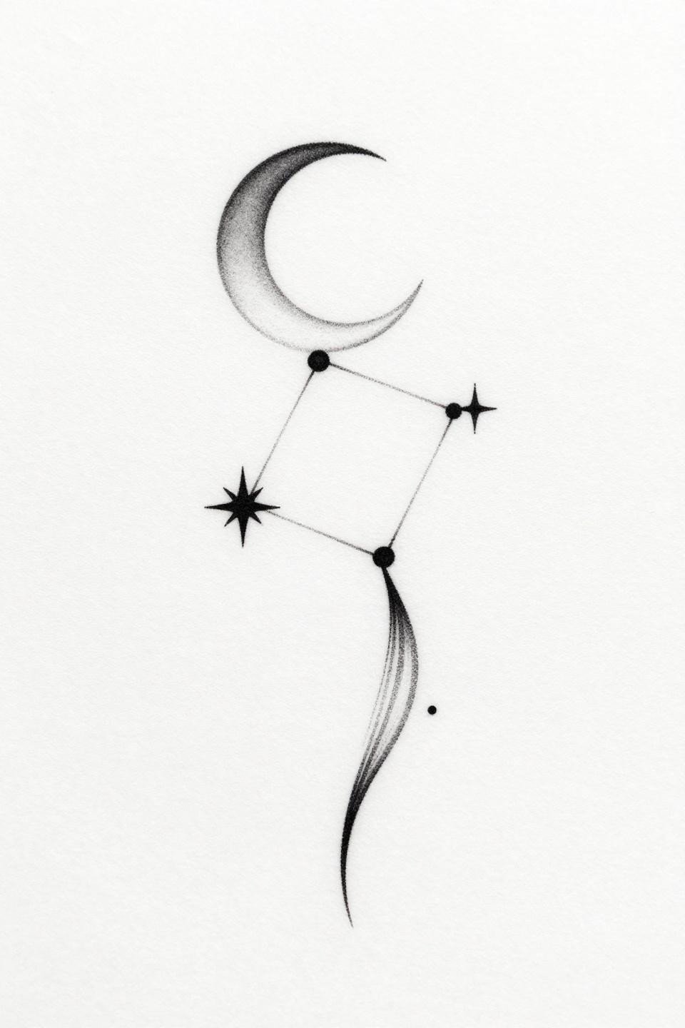 side rib tattoos constellation fine line minimal flash, 0.5mm hairline single-needle, five star dots hairline connection lines, crescent moon accent, elongated vertical asymmetric open negative space