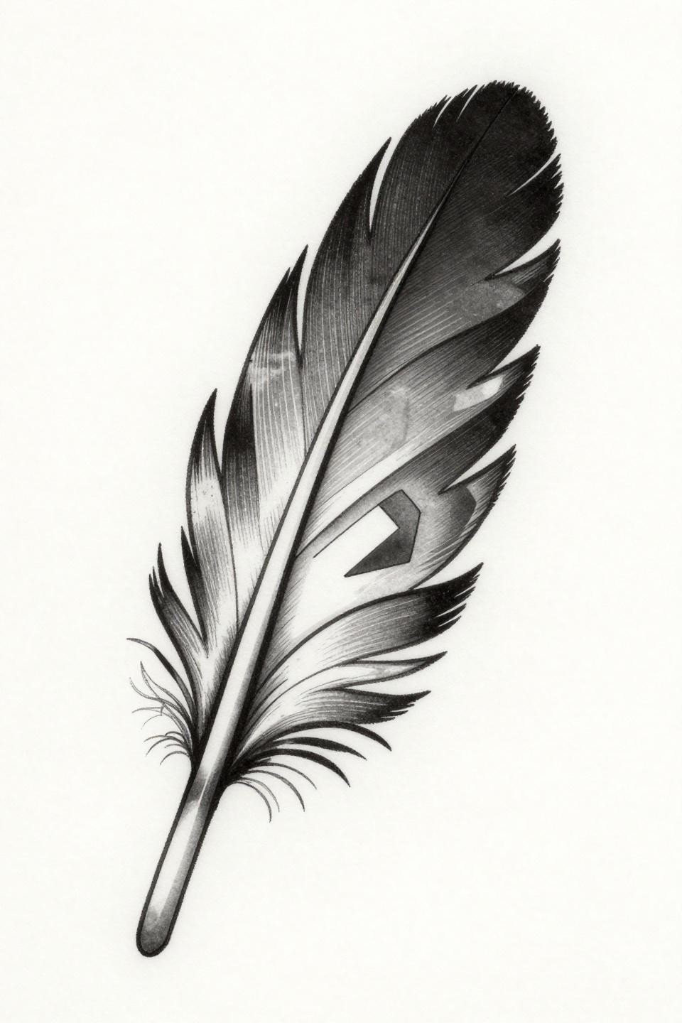 hidden tattoos rib women neo-traditional feather flash, geometric void cutouts whip shading gradient, bold outline dense black open grey wash, flowing asymmetric vertical composition