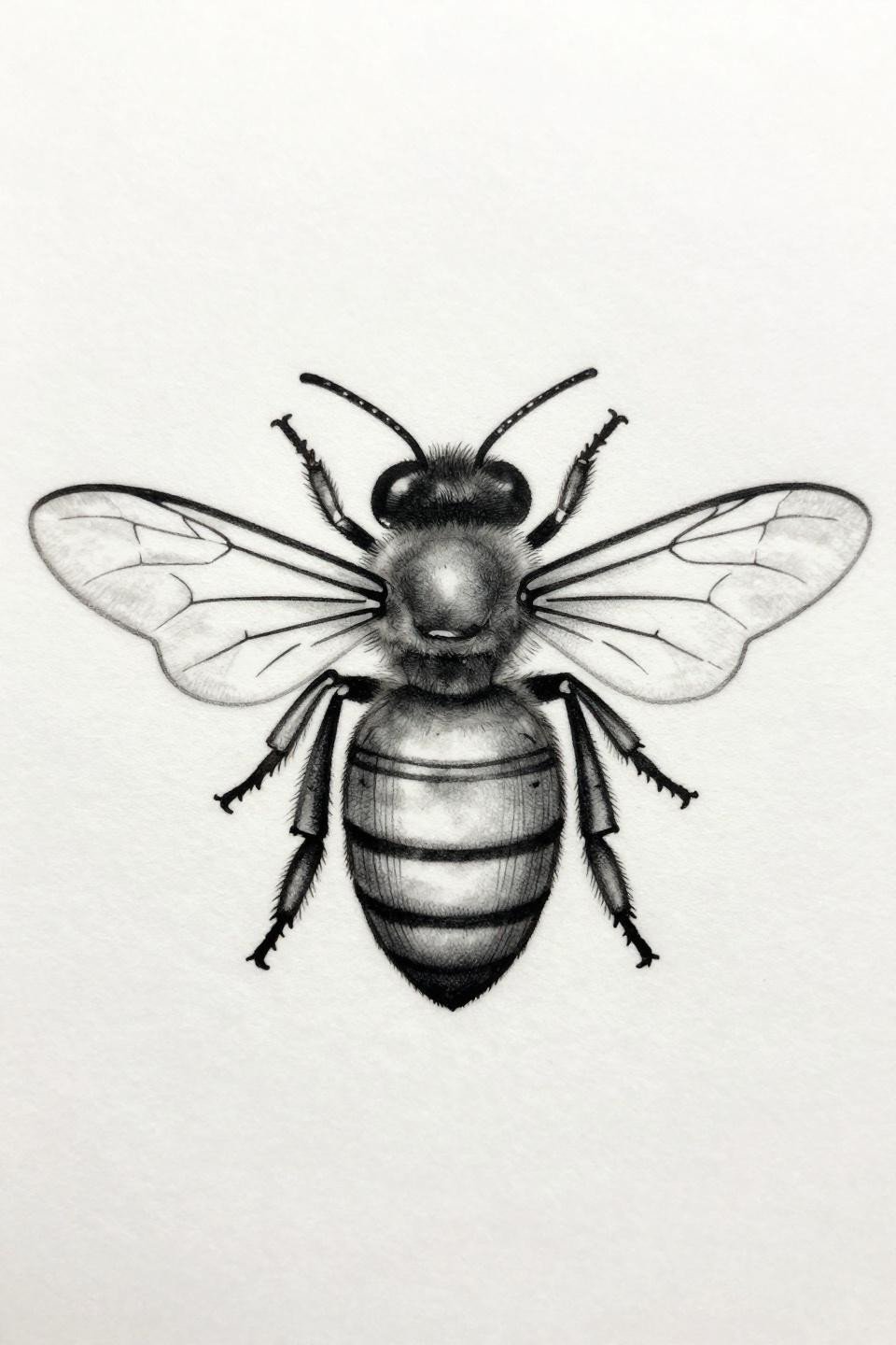 rib tattoos for women honeybee fine line flash, 0.5mm single-needle strokes, strict right-facing profile, segmented abdomen stripe detail, no fill grey wash midtones