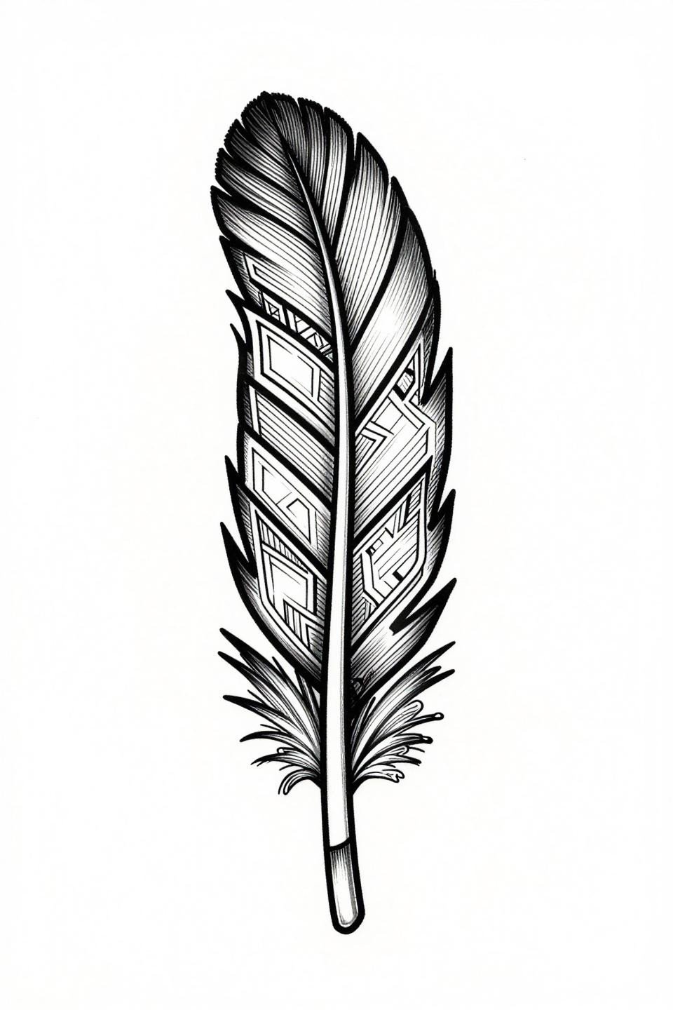 tattoo placement ideas rib women art deco feather flash, rectilinear geometric lattice chevron stepped trapezoid interior, vector precision compass-drafted linework, dense black no grey wash vertical elongated