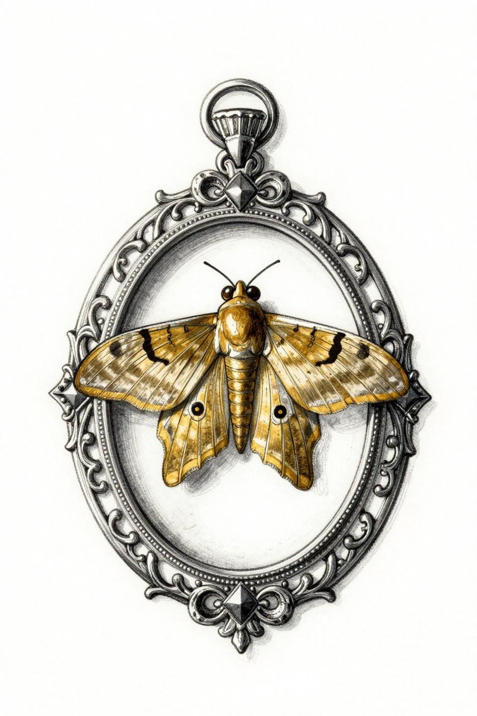 side rib tattoos art nouveau locket moth wings flash, burnished gold solid black ink, filigree border scrollwork, calligraphic brush ink wet quality centered symmetry