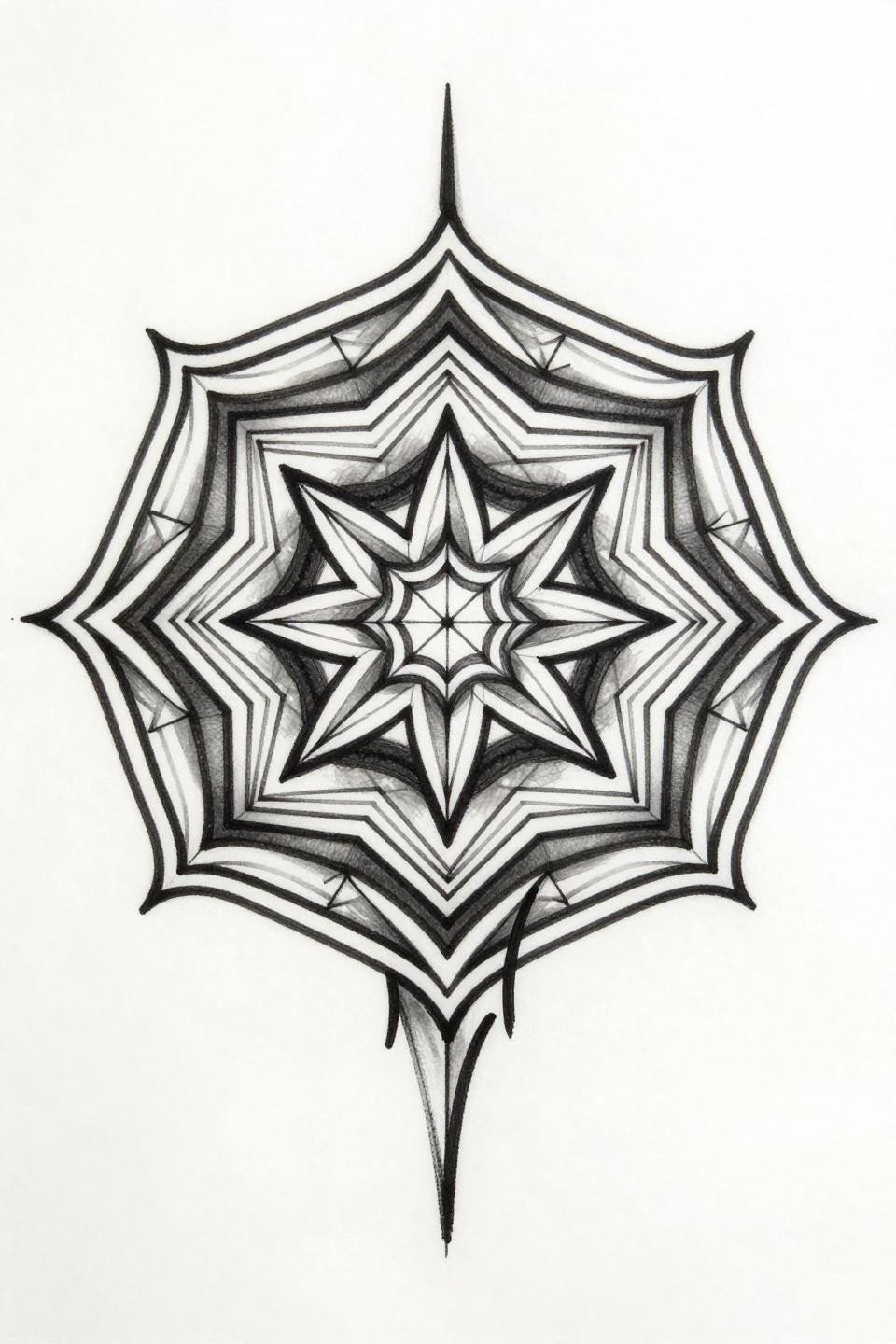 back tattoos female geometric mandala tribal flash, nested hexagons triangular tessellation six-pointed star, bold 2-3pt black outlines compass precision, grey wash midtones radial bilateral symmetry