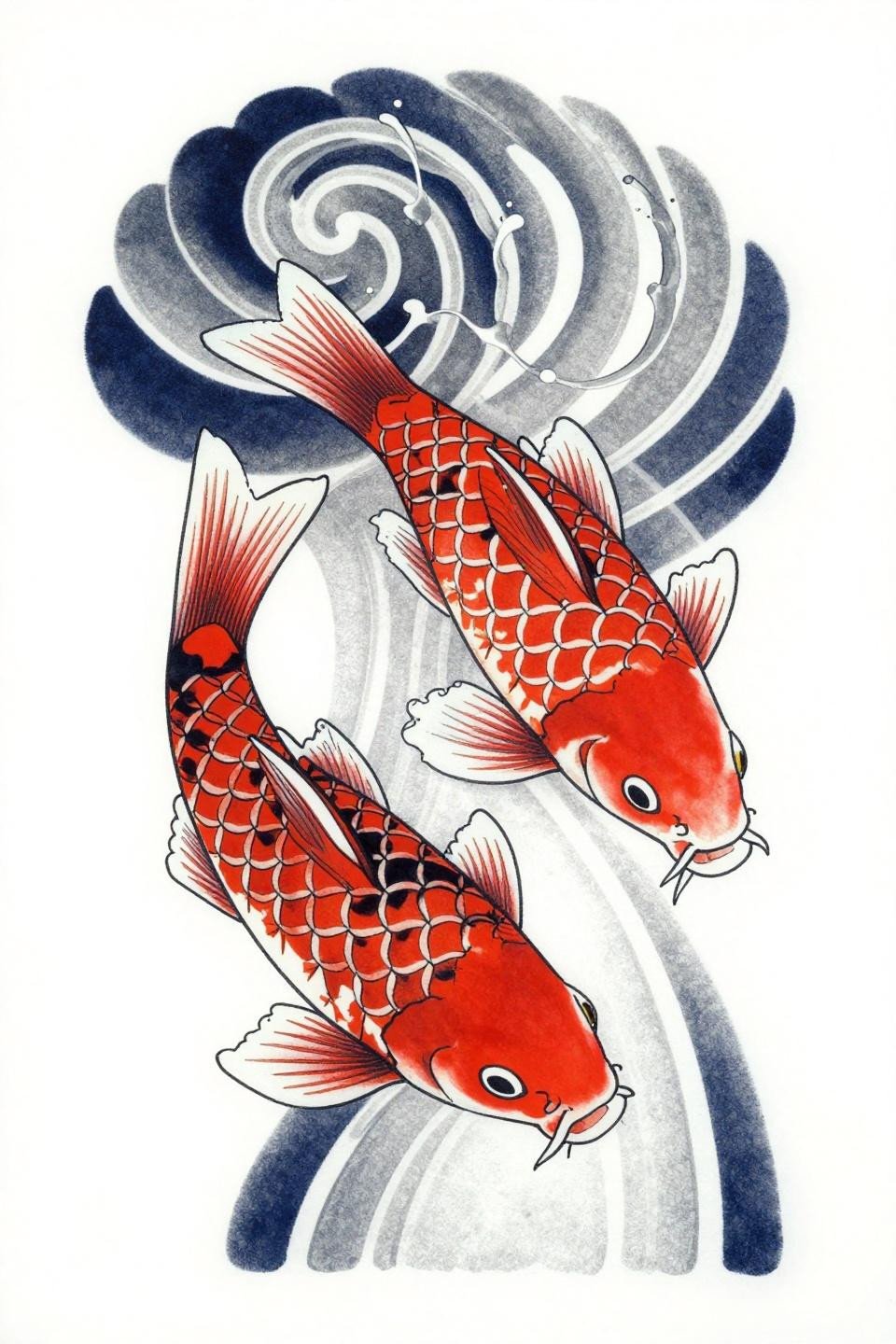 rib tattoo ideas female Japanese irezumi koi flash, parallel line scale hatching, S-curve ascending left-facing per irezumi canon, deep indigo crimson ink bold outlines