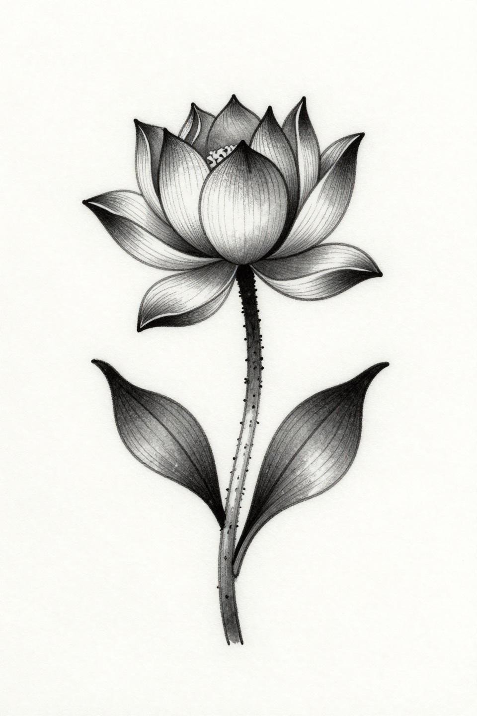 rib tattoo ideas fine line lotus botanical flash, hairline 0.5mm single-needle, continuous linework petal weight variation, grey wash midtones vertical stacked orientation two opposing leaves