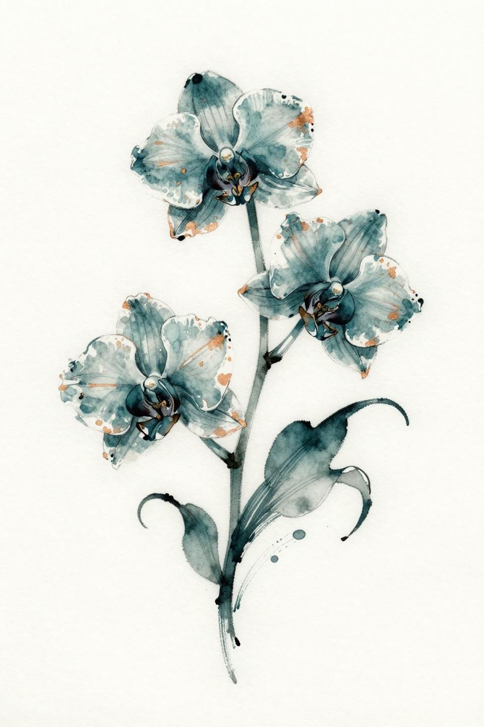 tattoos for women spine watercolor orchid flash, brush calligraphic ink marks, deep teal copper metallic accent, wet diffusion petal edges asymmetric arching stem three blooms