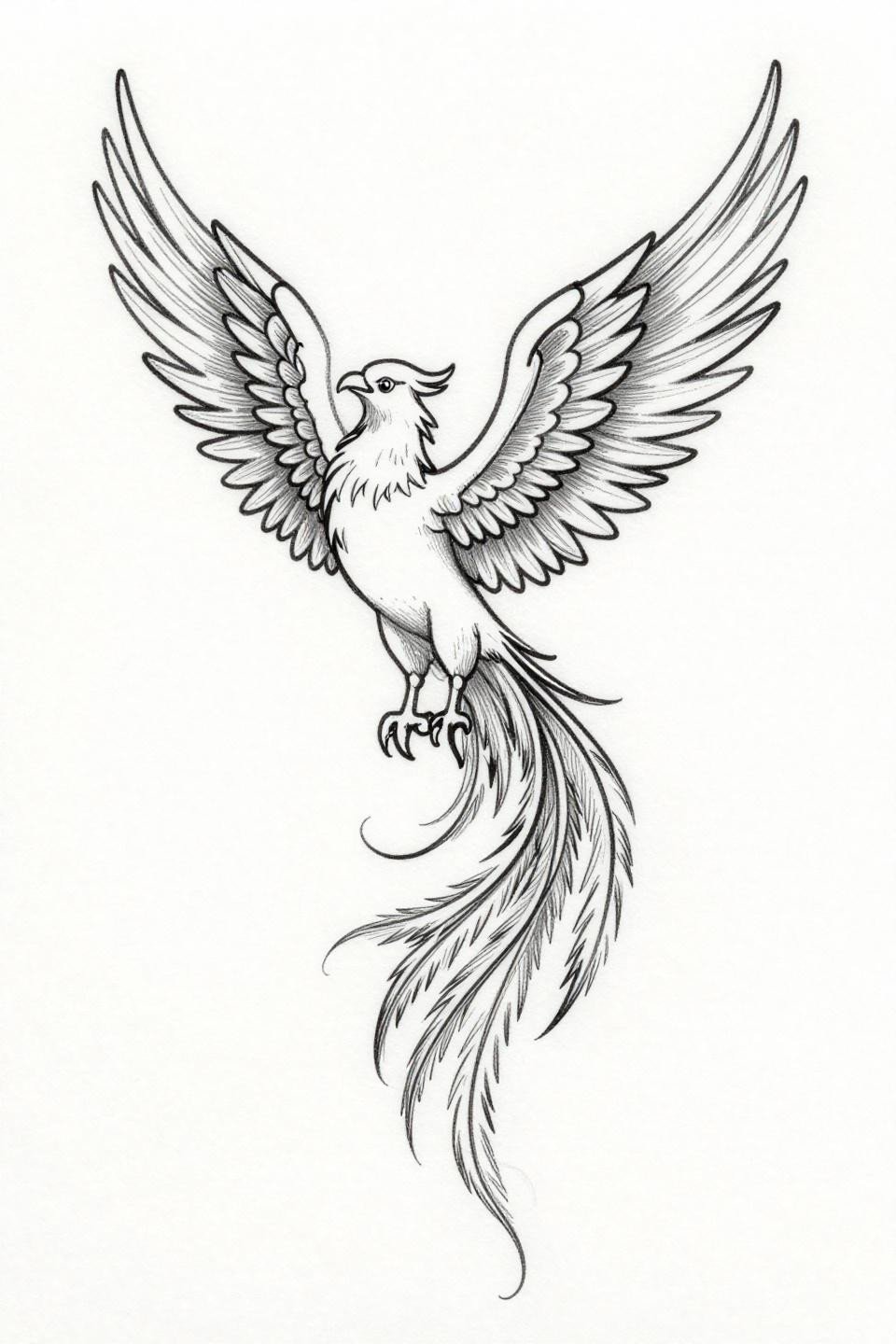 rib tattoos for women phoenix fine line flash, continuous single-needle 0.5mm unbroken line, wings spread vertical ascending, no fill open negative space composition