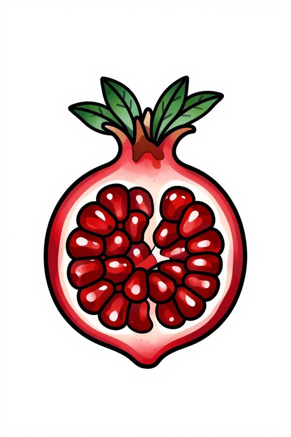rib tattoo ideas female botanical pomegranate split cross-section flash, bold 2-3pt black outlines, flat crimson red solid black fills, dense aril seed chamber teardrop silhouette