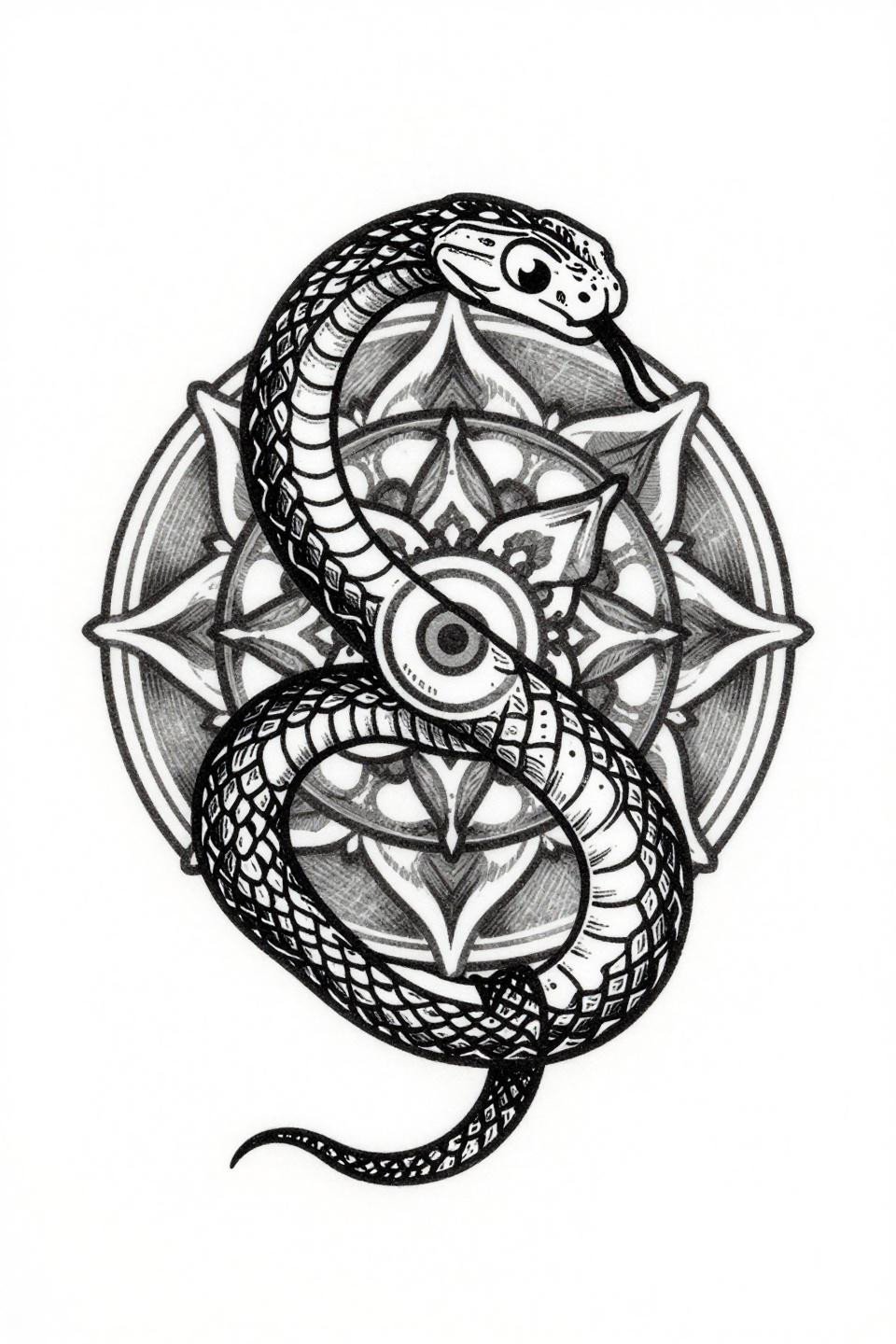 ribcage tattoos for women serpent spiral etching woodcut flash, crosshatch parallel line scale engraving, grey wash midtones, circular mandala composition bilateral symmetry